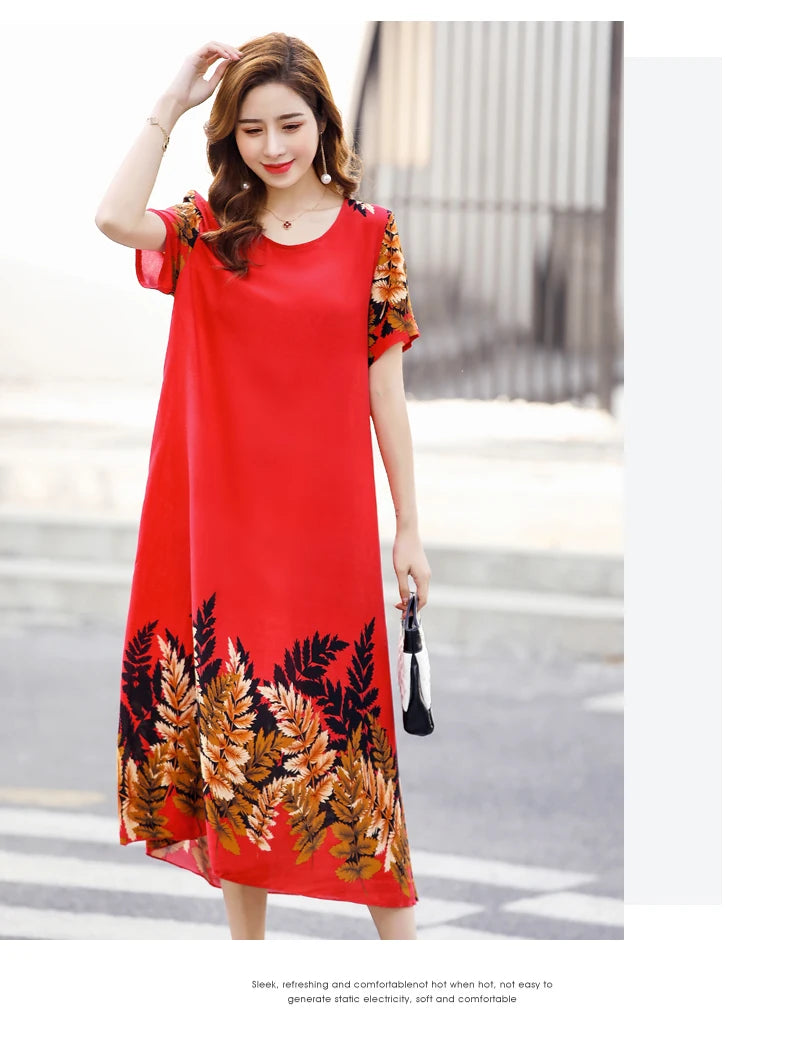 New Fashion 2024 Summer Dress For Long Vintage Loose Women Elegant Short Sleeve Casual O-neck Dresses Print Woman Clothing