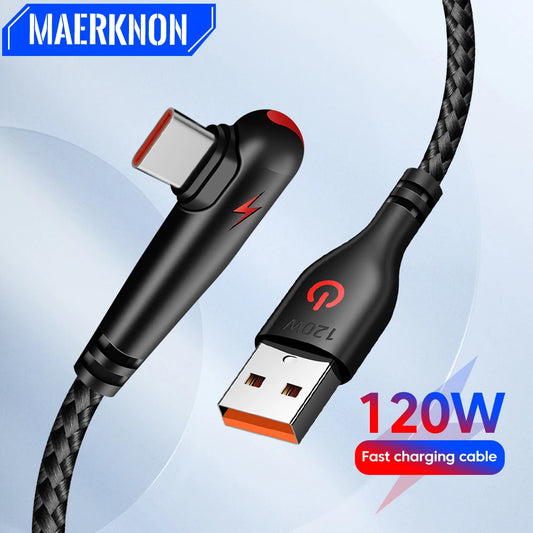 120W 90 Degree Elbow USB Type C Cable 6A Fast Charging Phone Charger Data Cord For Samsung Xiaomi Huawei USB C Quick Charge Wire