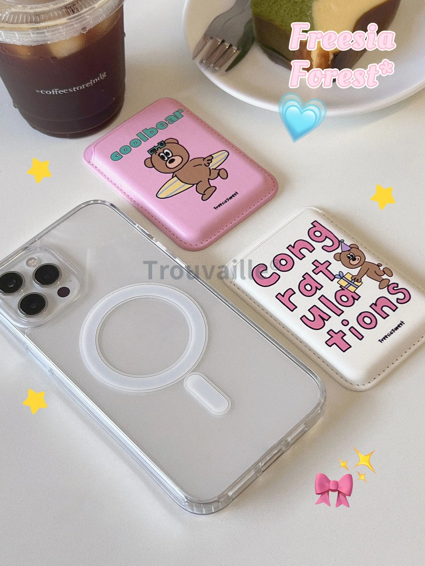 Trouvaille Magnetic Card Holder for Magsafe Phone Case Cute Korea Bear PU Macsafe Pink Girl for iPhone Accessoriess Samsung