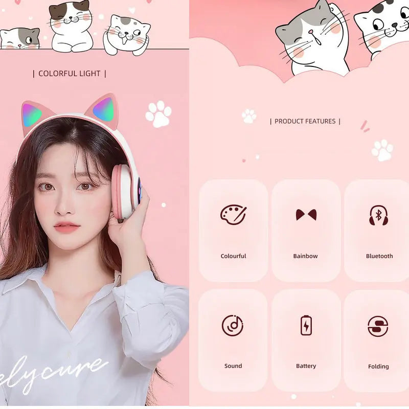 Flash Light Cat Ears Headphones Wireless With MIC Control LED Kid Girl Stereo Cute Music Helmet Bluetooth Phone Headset Earphone