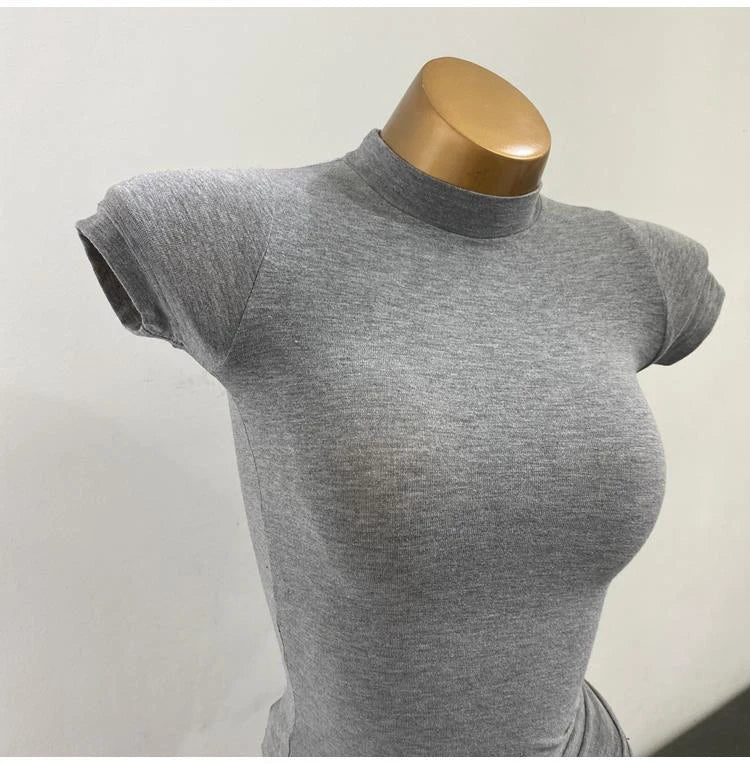 Half-high Collar T-shirt korean Transparent Short-sleeved Slim-fit Elastic Solid Inner Bottoming Shirt Sexy Big Chest T-shirt