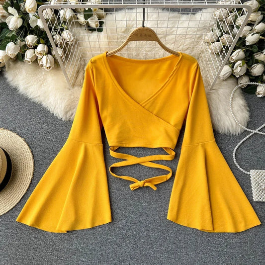 Chic Sexy Flare Long Sleeve T shirt Elegant Criss-cross Bandage Crop Top V Neck Vintage Fashion Tees Female Spring Summer Shirt