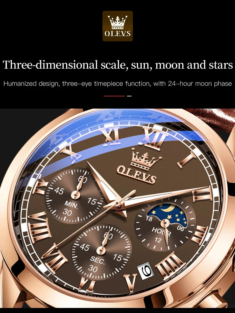 OLEVS Original Brand Men's Watches Multifunctional Moon Phase Business Quartz Watch Waterproof Luminous Leather Strap Male