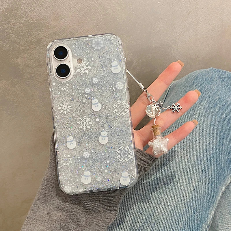 Winter Glitter Snowman Snowflake Phone Case For iPhone 16 Pro Max 15 13 14 Silver Foil Transparent TPU Back Cover