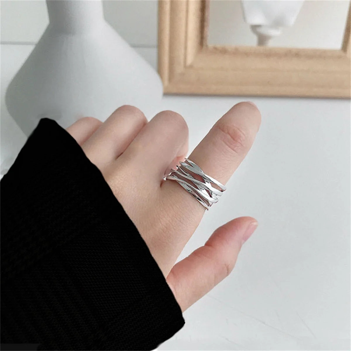 Simple Silver Color Irregular Finger Rings For Women Girls Geometric Multilayer Line Open Rings Exaggerated Bijoux Jewelry Gifts