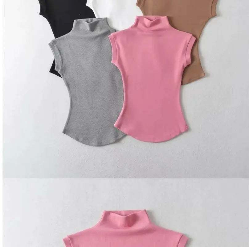 Women Summer Sexy Turtleneck Sleeveless T-Shirts Tops Solid Slim Fit Pullovers Causal Tees Shirts Female Streetwear Basics Tees