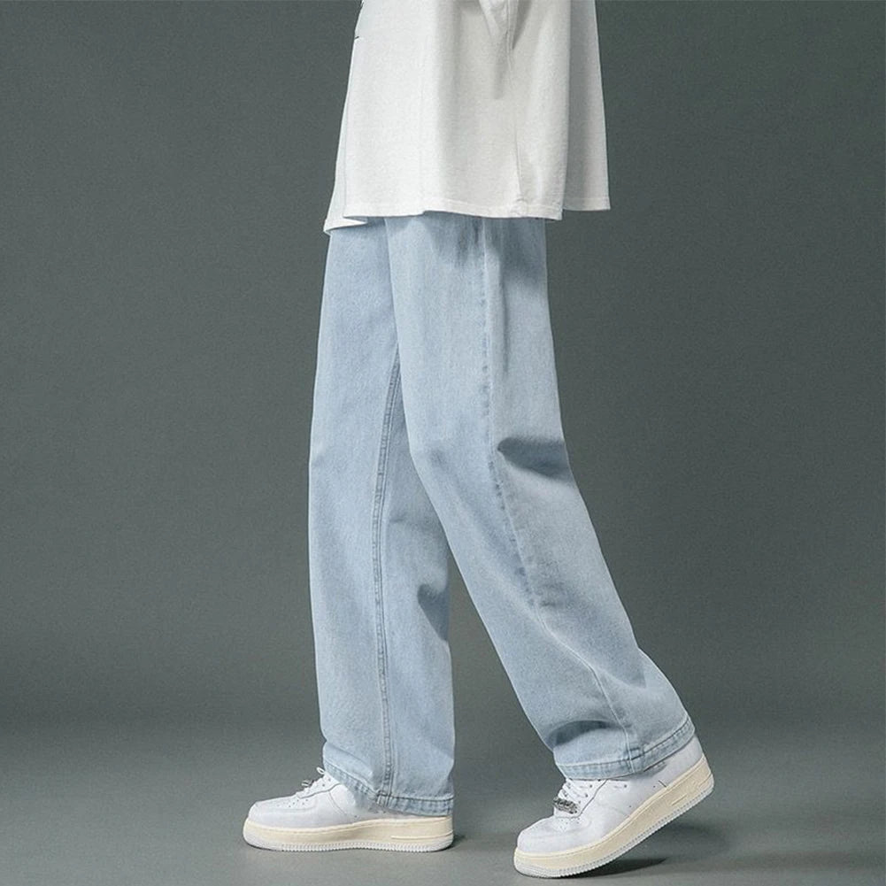 Korean Mens Hip Hop Long Baggy Jeans Straight Wide Leg Pants Soft Streetwear Trousers Men New Hong Kong Style Solid Color Trendy