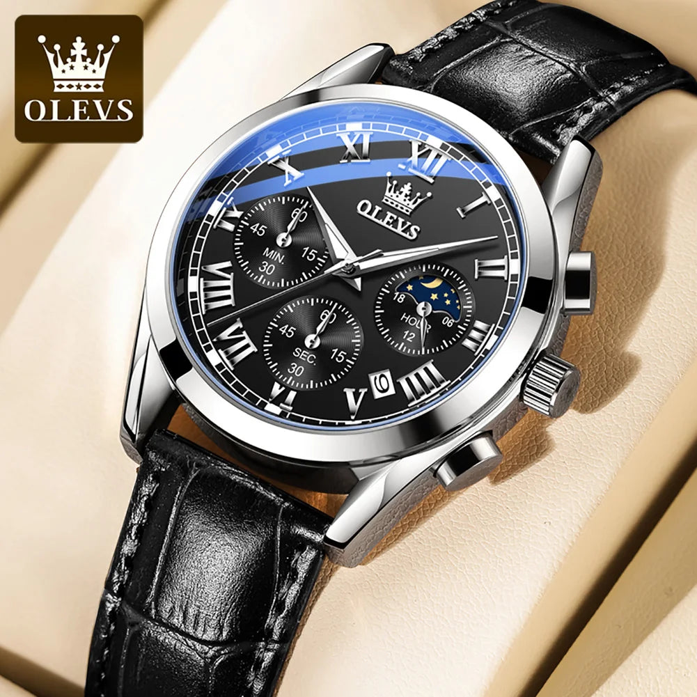 OLEVS Original Brand Men's Watches Multifunctional Moon Phase Business Quartz Watch Waterproof Luminous Leather Strap Male