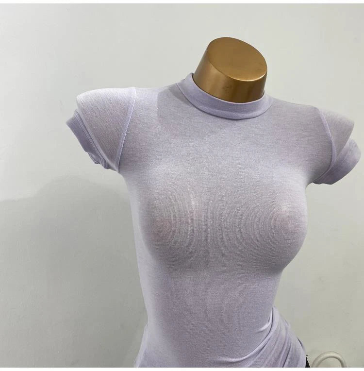 Half-high Collar T-shirt korean Transparent Short-sleeved Slim-fit Elastic Solid Inner Bottoming Shirt Sexy Big Chest T-shirt