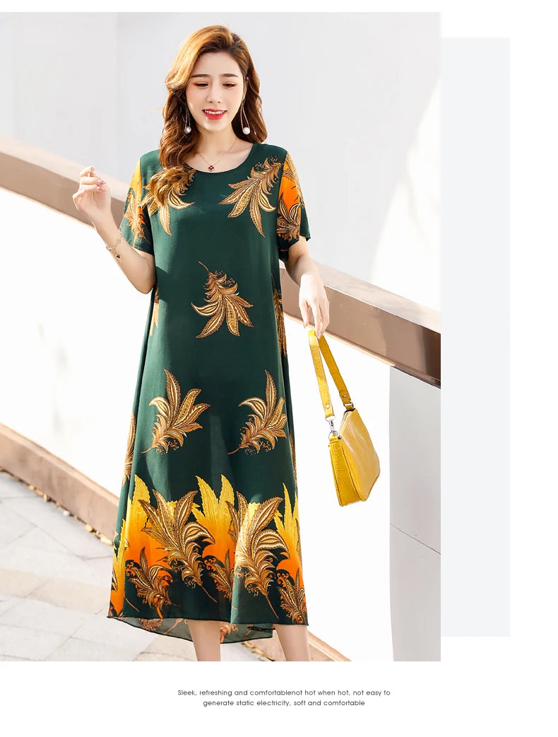 New Fashion 2024 Summer Dress For Long Vintage Loose Women Elegant Short Sleeve Casual O-neck Dresses Print Woman Clothing