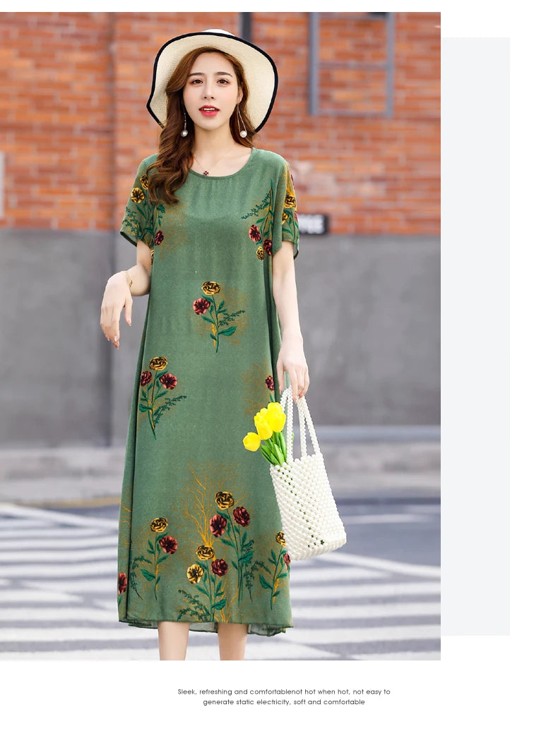 New Fashion 2024 Summer Dress For Long Vintage Loose Women Elegant Short Sleeve Casual O-neck Dresses Print Woman Clothing