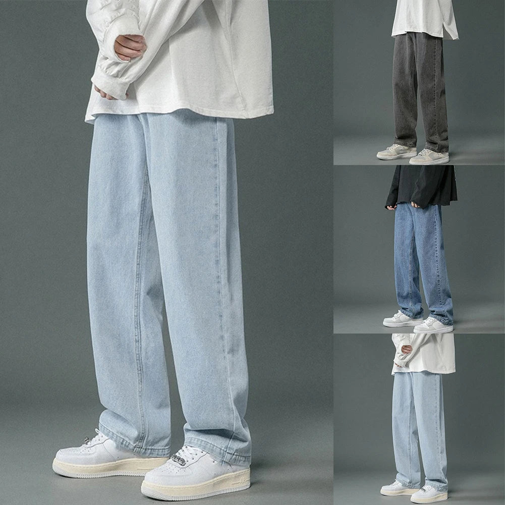 Korean Mens Hip Hop Long Baggy Jeans Straight Wide Leg Pants Soft Streetwear Trousers Men New Hong Kong Style Solid Color Trendy