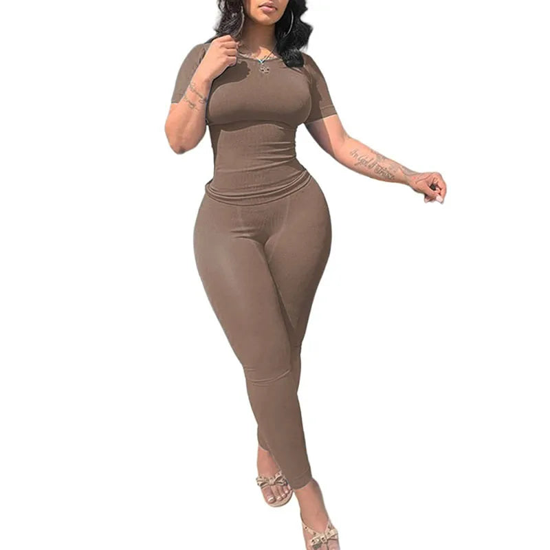 Lounge Wear Ribbed Casual 2 Piece Summer Shorts Set For Women  Sleeve Top+Elastic Leggings Outfits