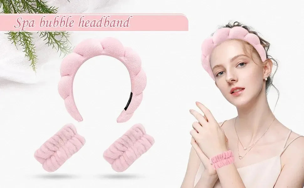 4PCS Wash Face Headbands For Women Puffy Sponge Hair Bands Cuff Waterproof Bands Absorbent Wristbands Women Hair Accessories Set