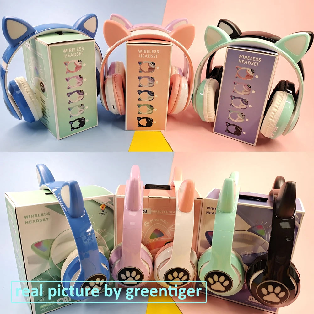 Flash Light Cat Ears Headphones Wireless With MIC Control LED Kid Girl Stereo Cute Music Helmet Bluetooth Phone Headset Earphone