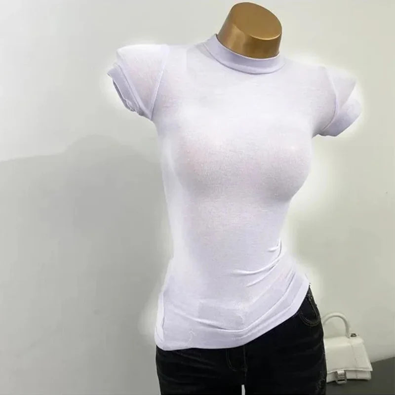 Half-high Collar T-shirt korean Transparent Short-sleeved Slim-fit Elastic Solid Inner Bottoming Shirt Sexy Big Chest T-shirt