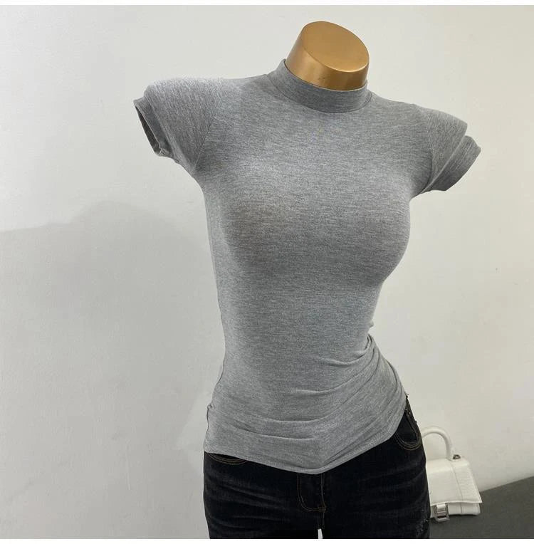 Half-high Collar T-shirt korean Transparent Short-sleeved Slim-fit Elastic Solid Inner Bottoming Shirt Sexy Big Chest T-shirt