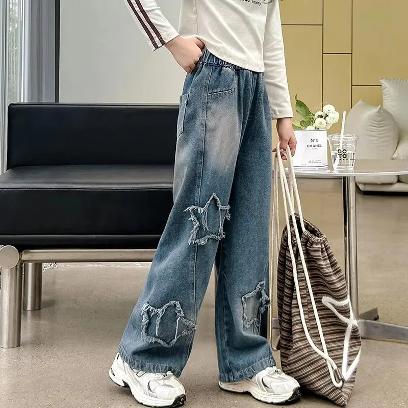 School Girl Star Design Jeans Trouser Teens Casual Loose Jeans for Girls Elastic Waist Fashion Kids Straight Fit Pants 5 To 14 Y