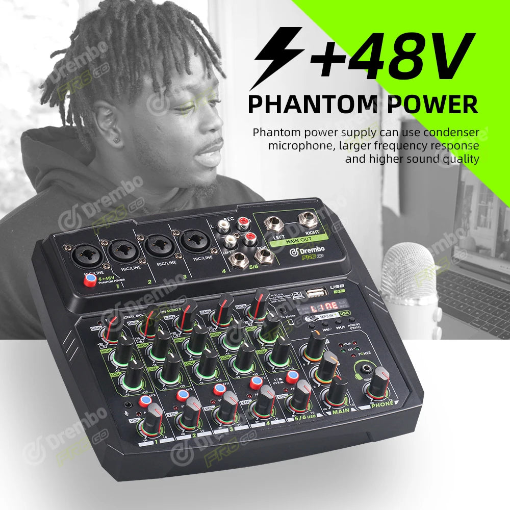 Debra 4/6 Channel Mixer Audio Mixer, DJ Console Mixer with Bluetooth 48V Phantom Power Delay Replay Effects for Bar Gigs