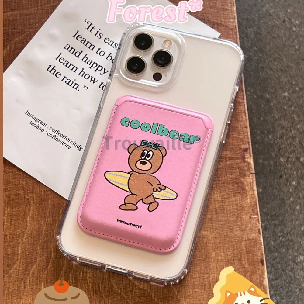 Trouvaille Magnetic Card Holder for Magsafe Phone Case Cute Korea Bear PU Macsafe Pink Girl for iPhone Accessoriess Samsung