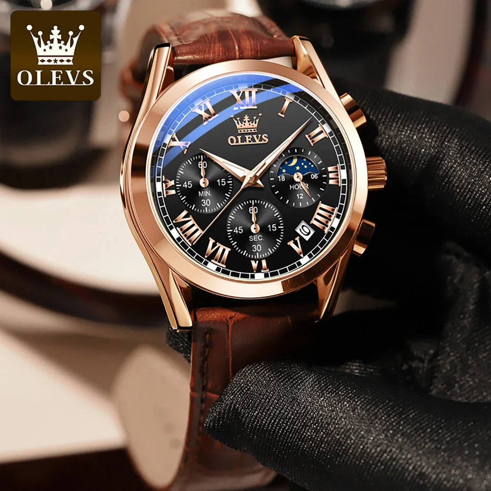 OLEVS Original Brand Men's Watches Multifunctional Moon Phase Business Quartz Watch Waterproof Luminous Leather Strap Male