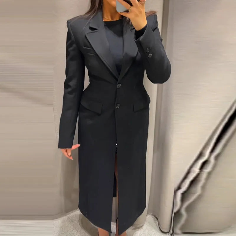 Fashion Office Lady Blazer Jacket Shoulder Pad Long Sleeve Lapel Female Coat 2025 Spring Button Pocket Lady Commuting Outwear