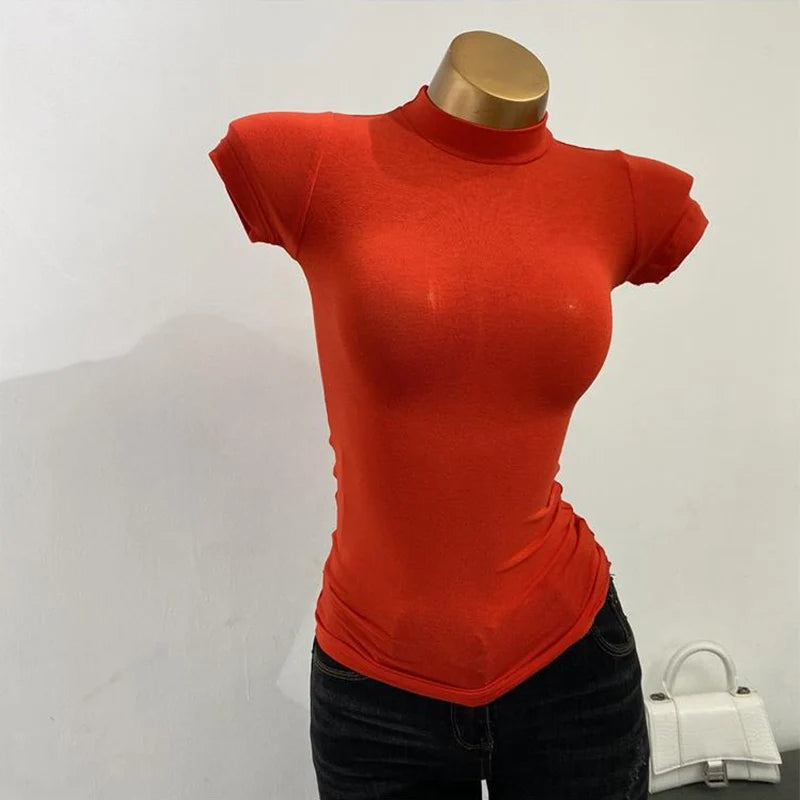 Half-high Collar T-shirt korean Transparent Short-sleeved Slim-fit Elastic Solid Inner Bottoming Shirt Sexy Big Chest T-shirt