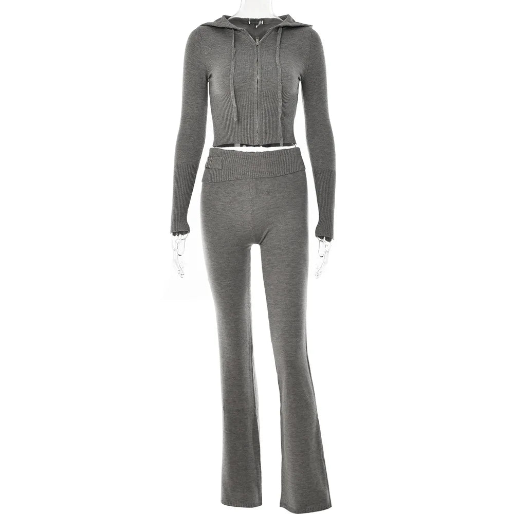 Knitted 2 Piece Sets Women Tracksuit Long Sleeve Zipper Hooded Sweater Crop Top Flare Pants Stretch Matching Suit Outfit