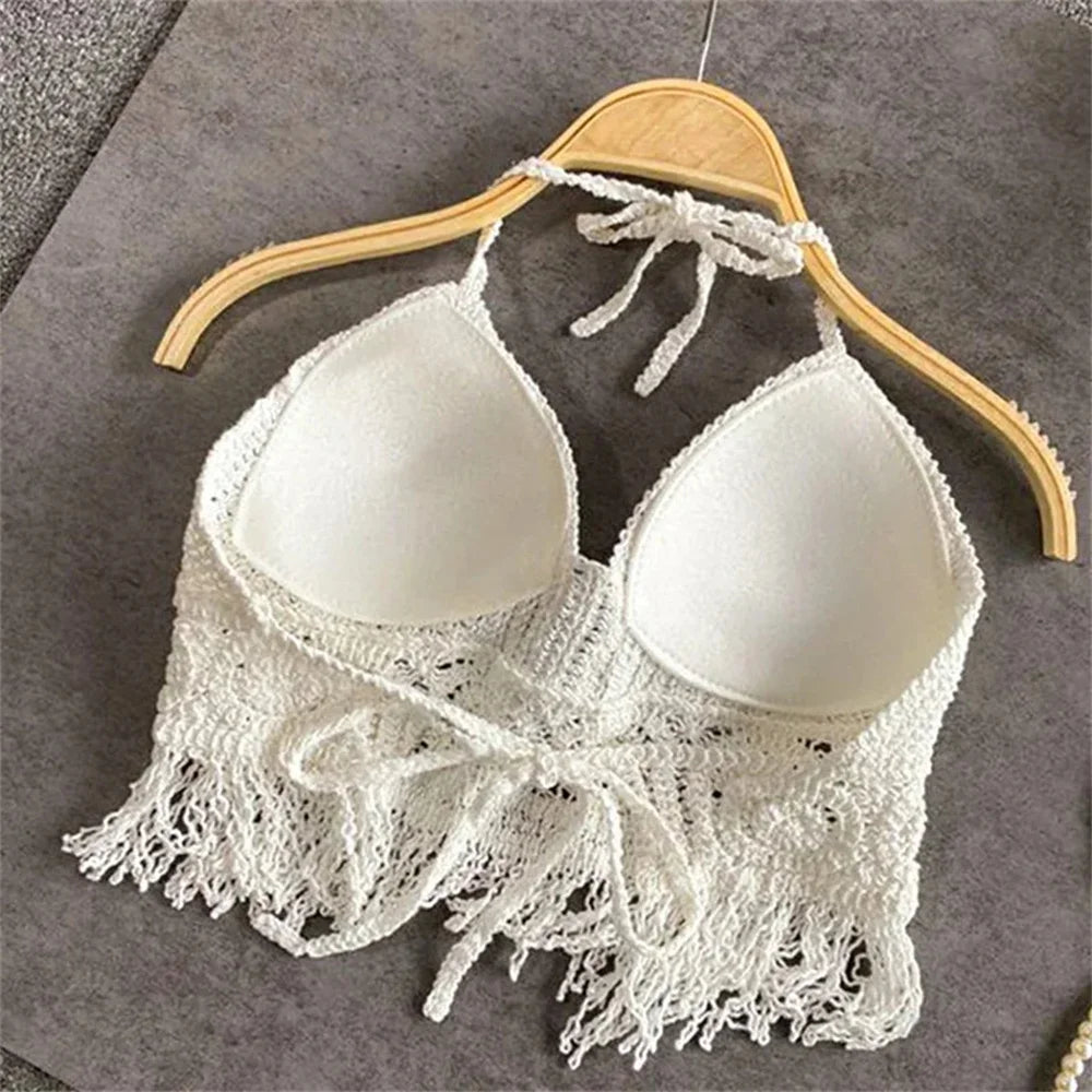 Sexy Hollow Out Underwear Women Summer Beach Short Tank Top Women Sweet Knitted Bra Tassel Women Short Top Debardeur Femme