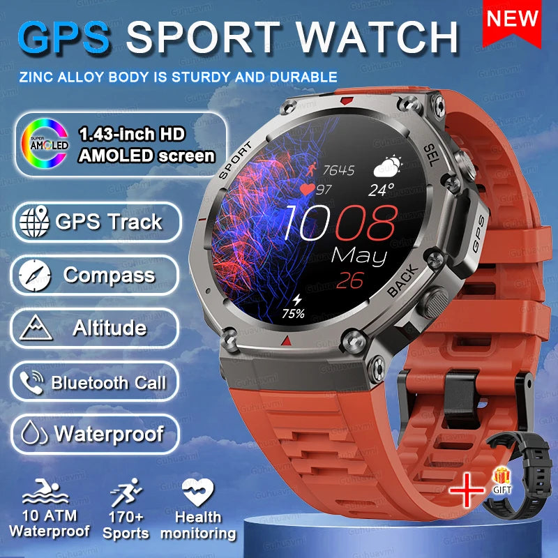 New GPS Smart Watch 1.43” HD AMOLED Display Built-in GPS Bluetooth Calls Waterproof swim Compass GPS Sports Smartwatch for Men