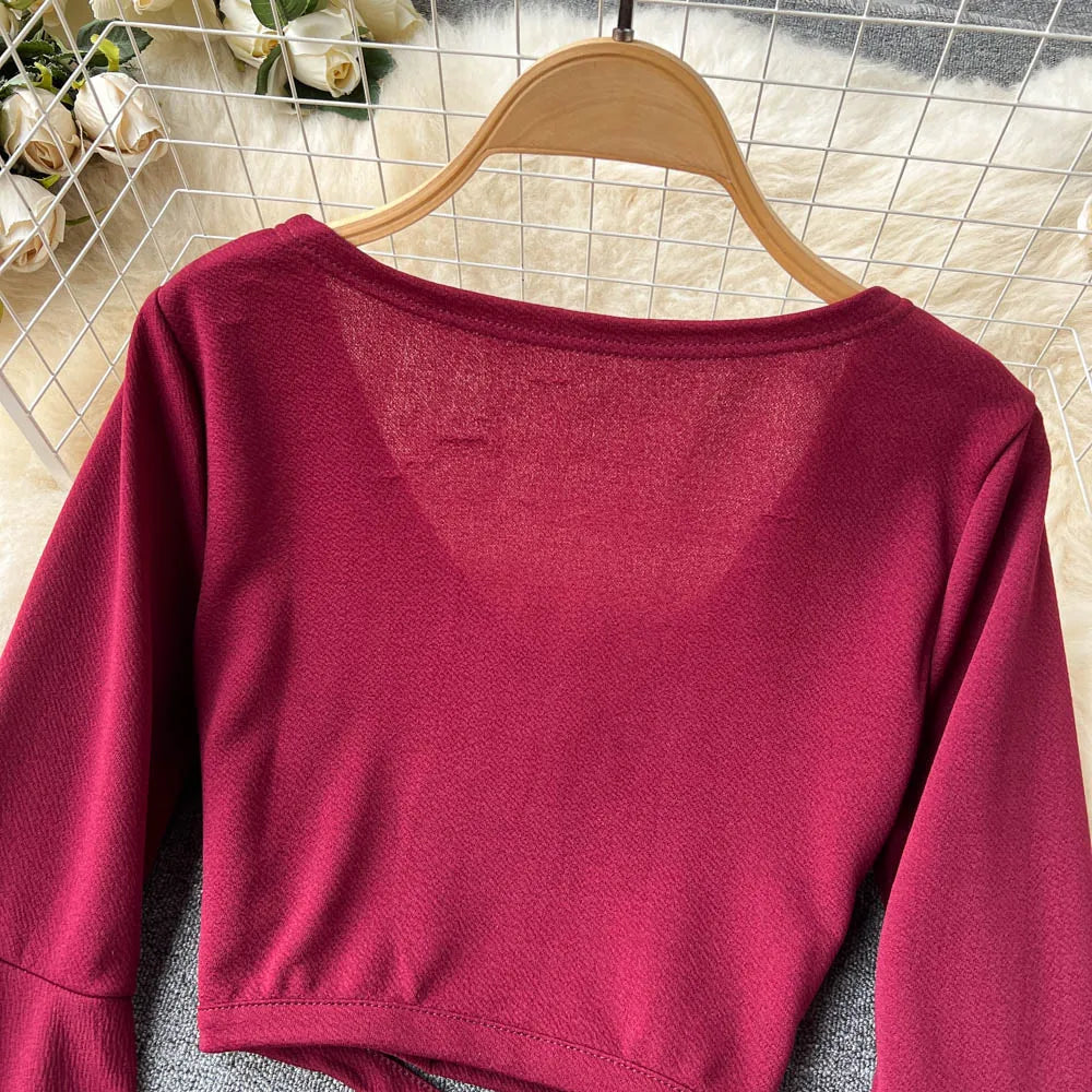 Chic Sexy Flare Long Sleeve T shirt Elegant Criss-cross Bandage Crop Top V Neck Vintage Fashion Tees Female Spring Summer Shirt