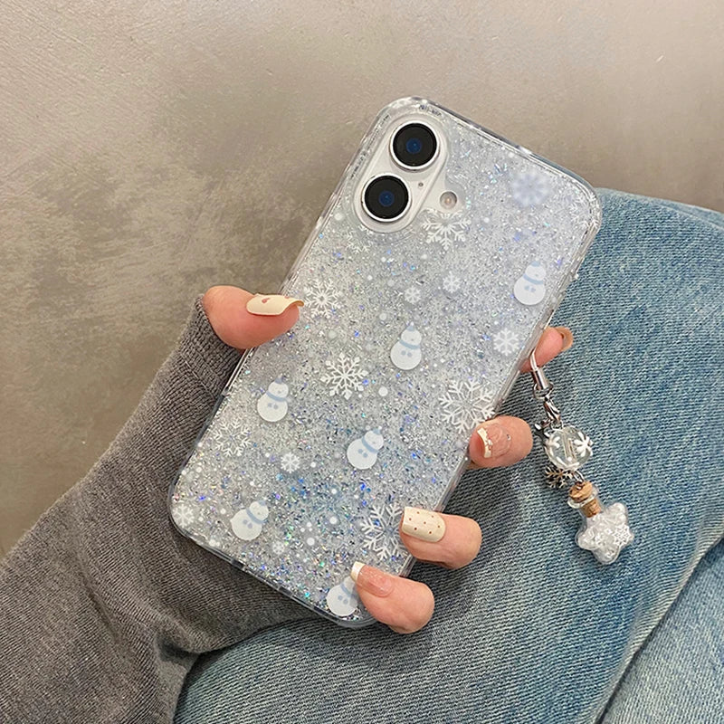 Winter Glitter Snowman Snowflake Phone Case For iPhone 16 Pro Max 15 13 14 Silver Foil Transparent TPU Back Cover