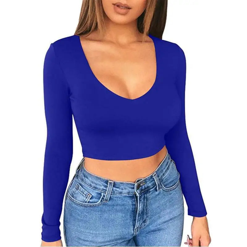 2024 Women's Slim Fit Spicy Women's Solid Color Base Shirt Sexy Ultra Short Low Cut Exposed Navel Tight Long Sleeved T-shirt Top