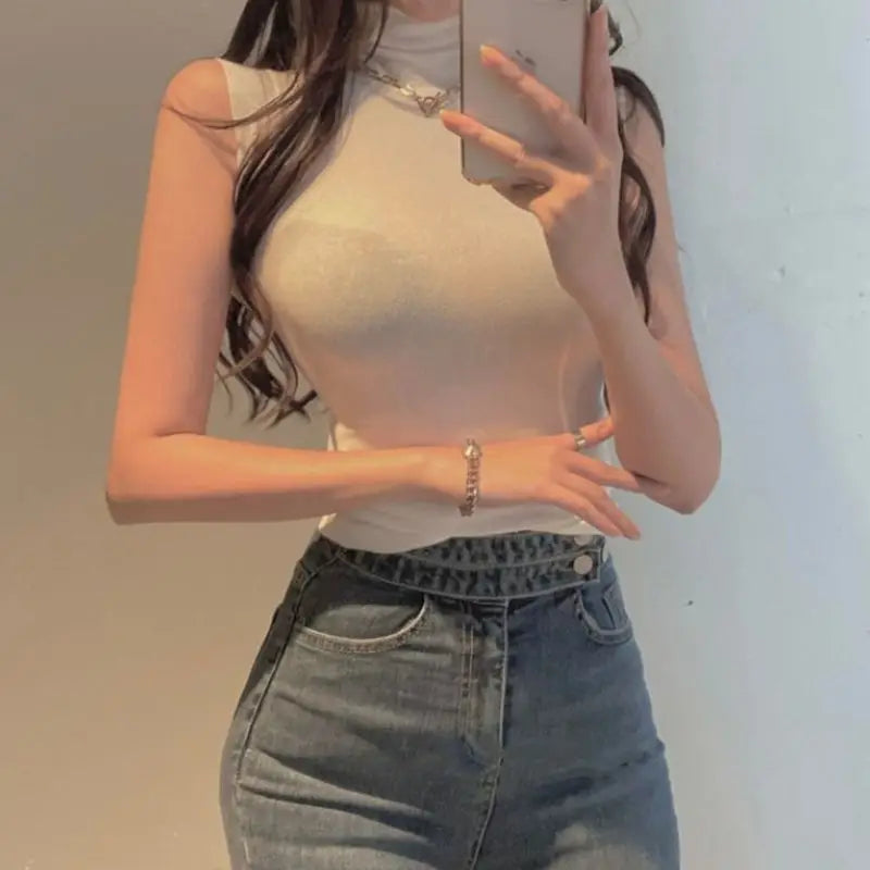 Sexy Turtleneck Sleeveless T Shirts Female Vintage Women Clothing 2023 Summer New Slim Tee Shirt Femme Fashion Korean Y2K Tops