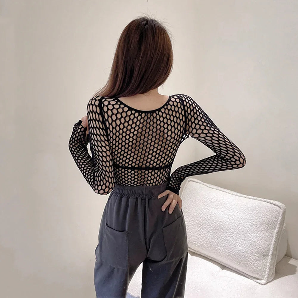 Gothic Sexy Black Fishnet Mesh See Through T-Shirt Women Skinny Goth Hollow Out Long Sleeve Shirts Crop Top Tee Shirt Streetwear