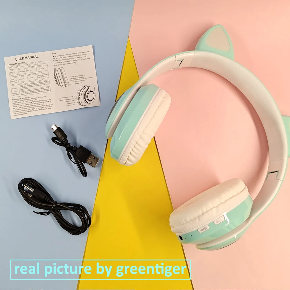 Flash Light Cat Ears Headphones Wireless With MIC Control LED Kid Girl Stereo Cute Music Helmet Bluetooth Phone Headset Earphone