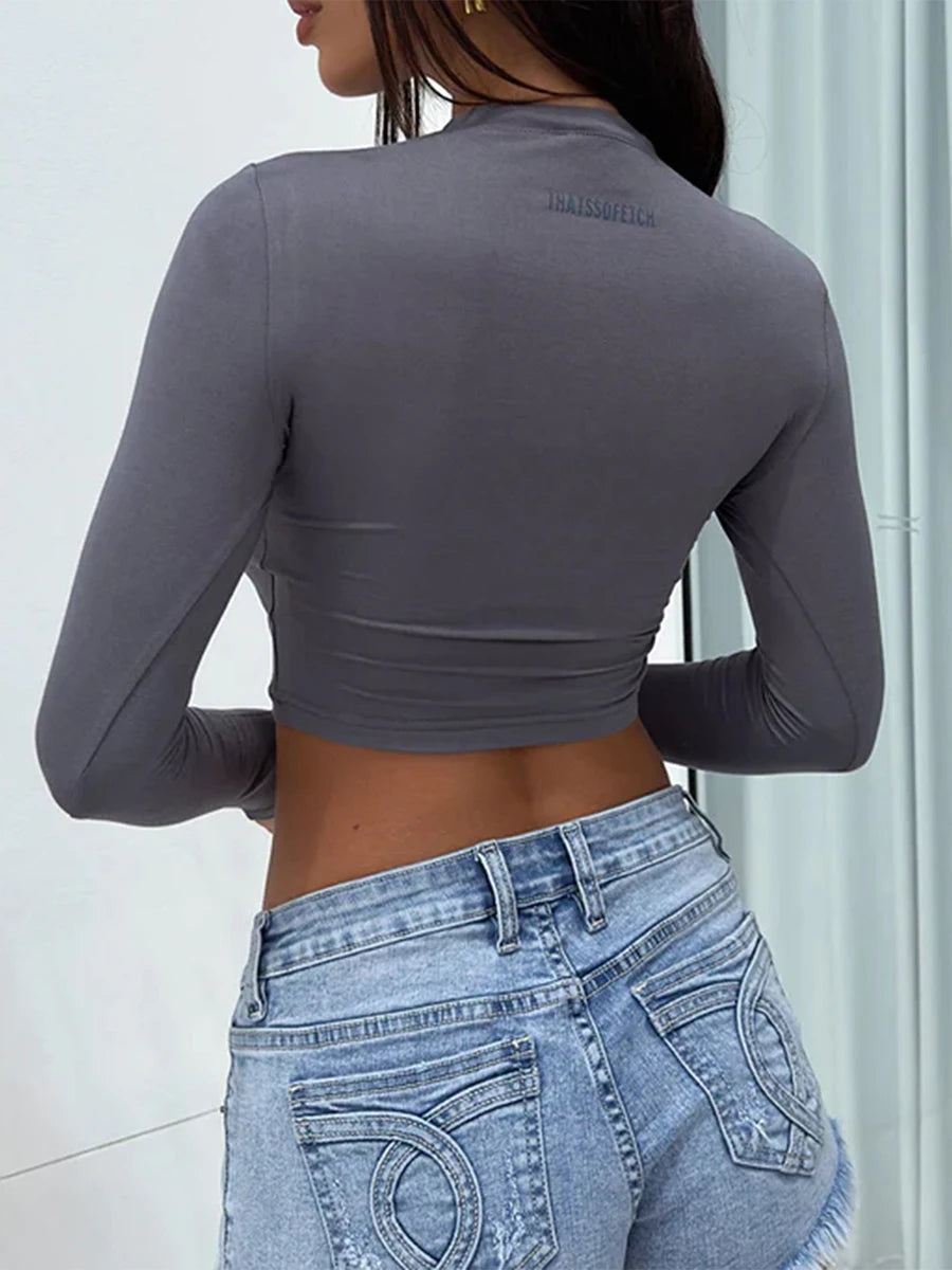 Newest Arrival Women Sexy Long Sleeve Slim Fit Bodycon Open Navel Top T-shirt Solid Color Casual Basic High Elastic Top T-shirt