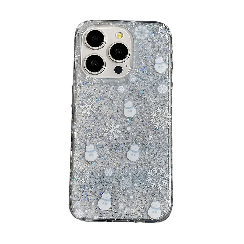 Winter Glitter Snowman Snowflake Phone Case For iPhone 16 Pro Max 15 13 14 Silver Foil Transparent TPU Back Cover