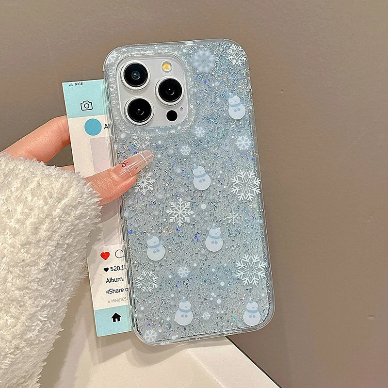 Winter Glitter Snowman Snowflake Phone Case For iPhone 16 Pro Max 15 13 14 Silver Foil Transparent TPU Back Cover