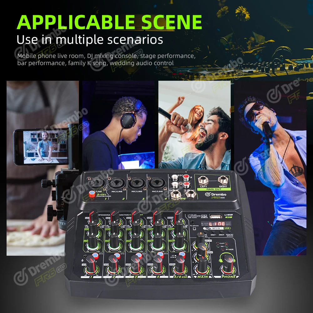 Debra 4/6 Channel Mixer Audio Mixer, DJ Console Mixer with Bluetooth 48V Phantom Power Delay Replay Effects for Bar Gigs