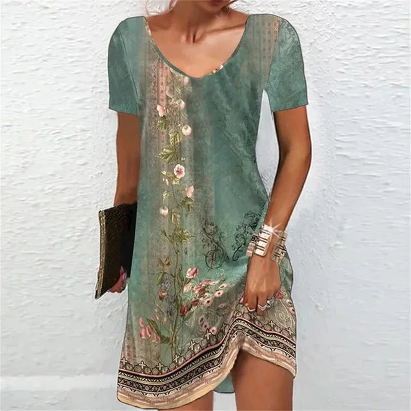 Ethnic Style Printed Women Dress Big Size 6XL Summer V-neck Short Sleeve Casual Loose Mini Dress 2023 New Elastic A-Line Dresses