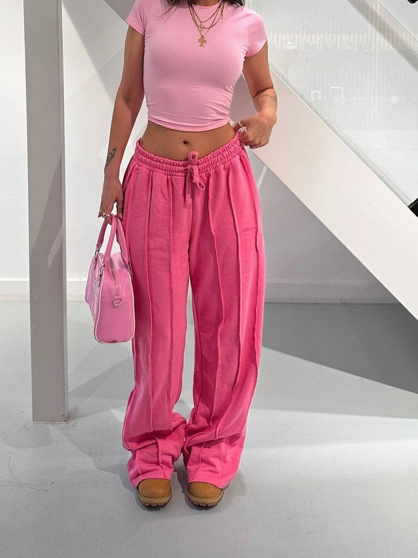 Women Y2k Elastic Drawstring Straight Leg Pants Casual High Waist Long Pant Wide Leg Lounge Sports Pant Street Trousers 2024