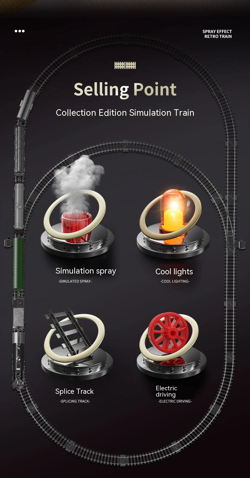 Retro Steam Train Track Suit Simulation Electric Spray Light Small Train Model Boy Gift Train Toy