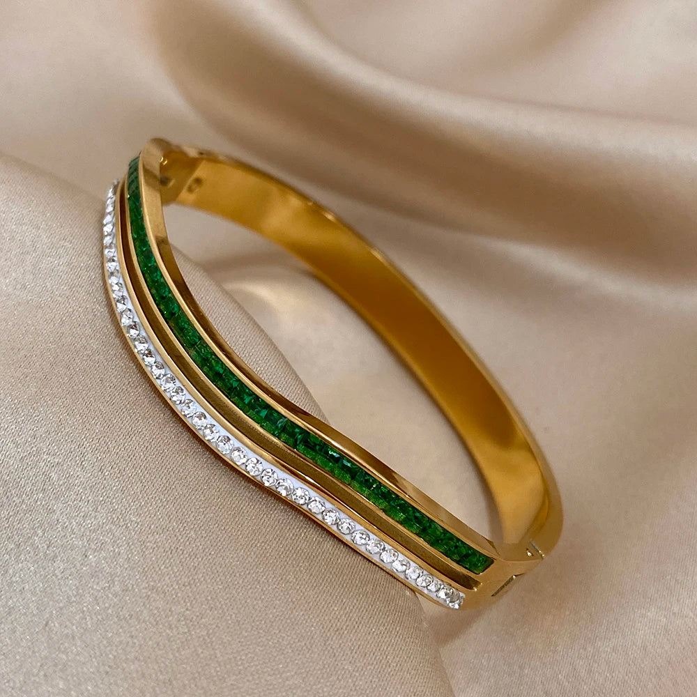 Flashbuy Trendy Chic Green Zircon Stainless Steel Bangle Bracelets for Women Charm Texture Simple Gold Color Accessories