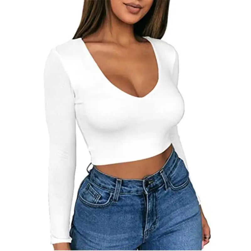 2024 Women's Slim Fit Spicy Women's Solid Color Base Shirt Sexy Ultra Short Low Cut Exposed Navel Tight Long Sleeved T-shirt Top