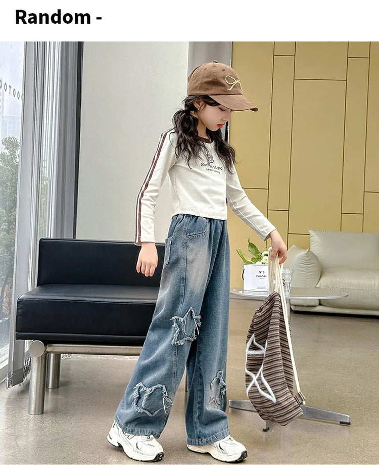 School Girl Star Design Jeans Trouser Teens Casual Loose Jeans for Girls Elastic Waist Fashion Kids Straight Fit Pants 5 To 14 Y