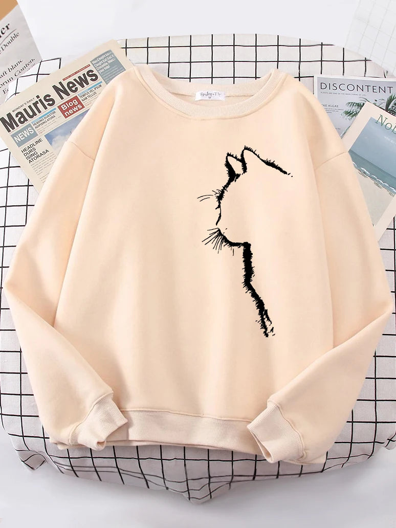 Simple Strokes Of Cat Pet Print Hoody Womens Shoulder Drop All-match Hoodies simple S-XXL Hoodie Street Quality Clothing Female