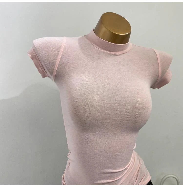 Half-high Collar T-shirt korean Transparent Short-sleeved Slim-fit Elastic Solid Inner Bottoming Shirt Sexy Big Chest T-shirt