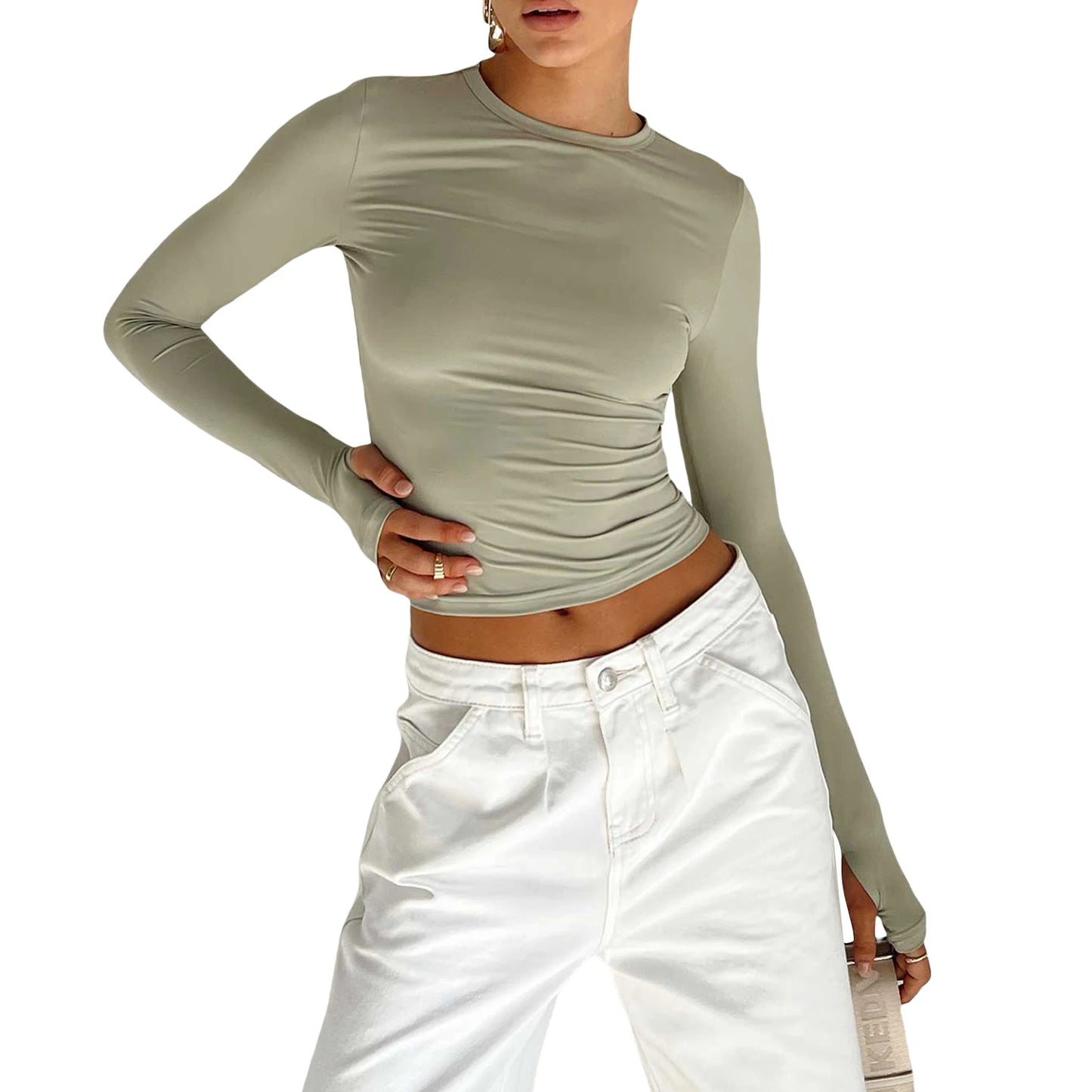 Fashion Long Sleeve T-shirt Women Slim Fit Ladies Crop Top with Thumb Holes for Daily Streetwear Summer Camis