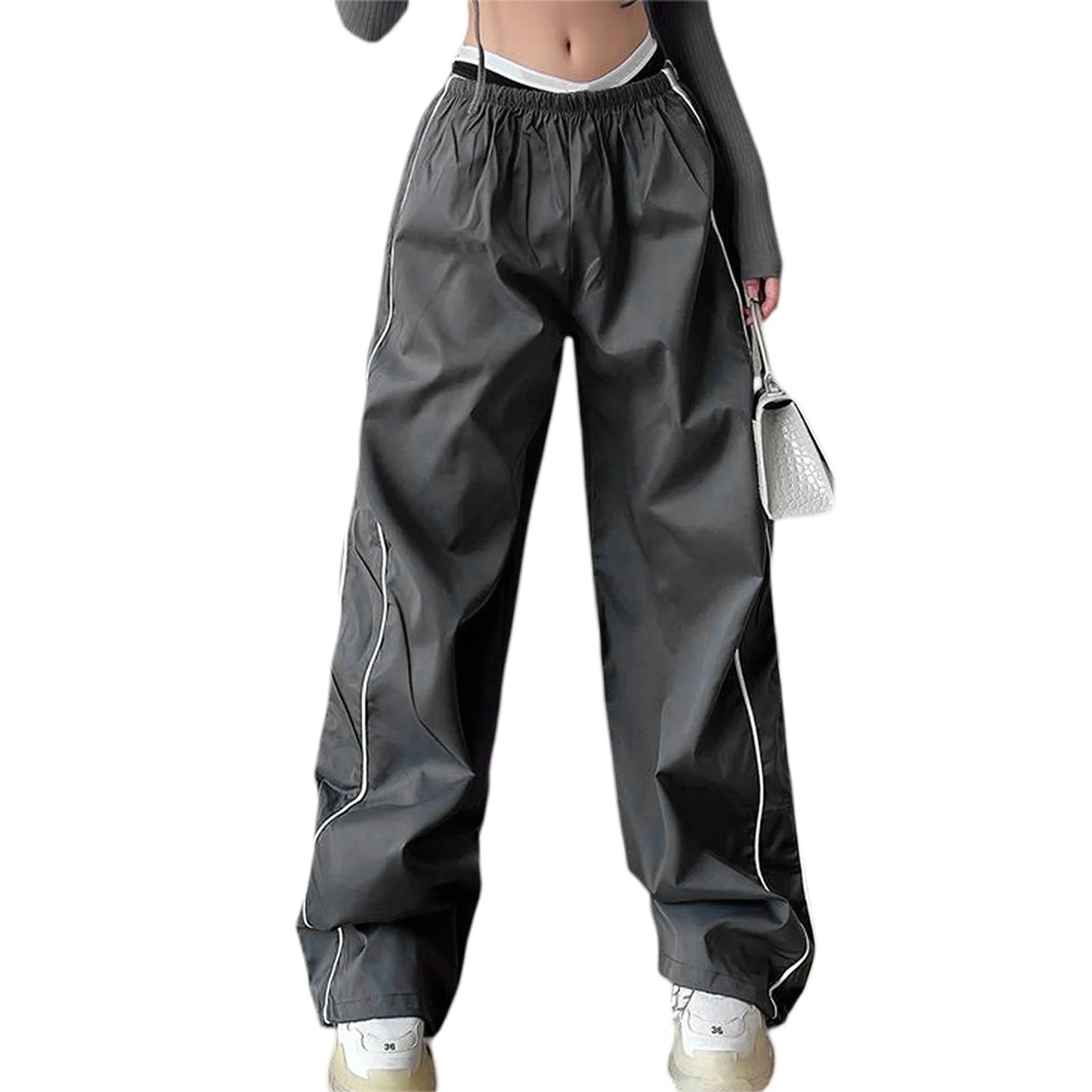 Women Summer Y2K Loose Cargo Pants Elastic Waist Baggy Wide Leg Straight Trousers Jogger Overalls Sweatpants Streetwear